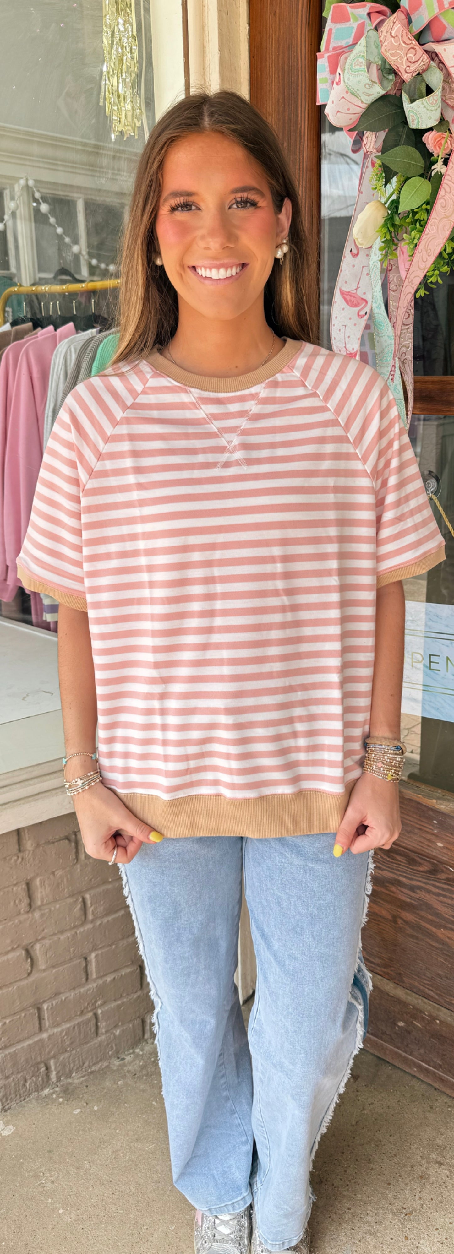 Pink & Tan Striped Top