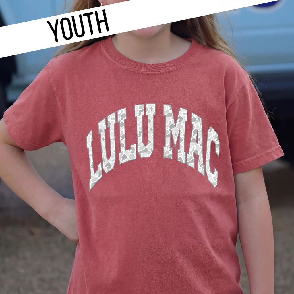 Youth Lulu Mac Maroon Camo Comfort Color Tee