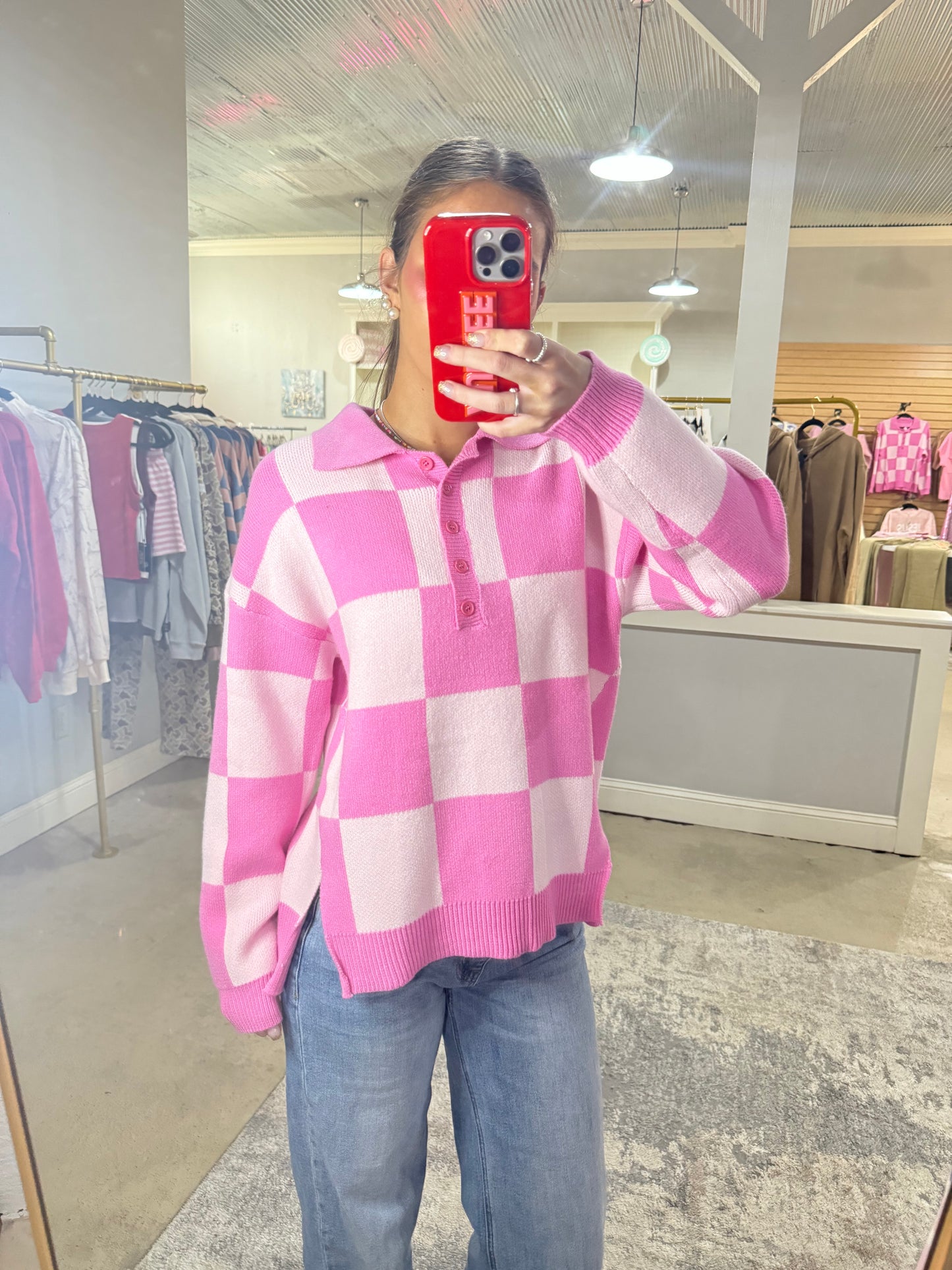 Pink Checkered Sweater
