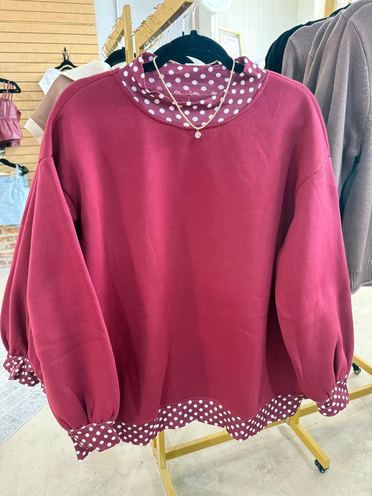 Maroon Polka Dot Mock-Neck