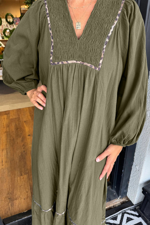 Green Cheetah Detail Dress + Pockets