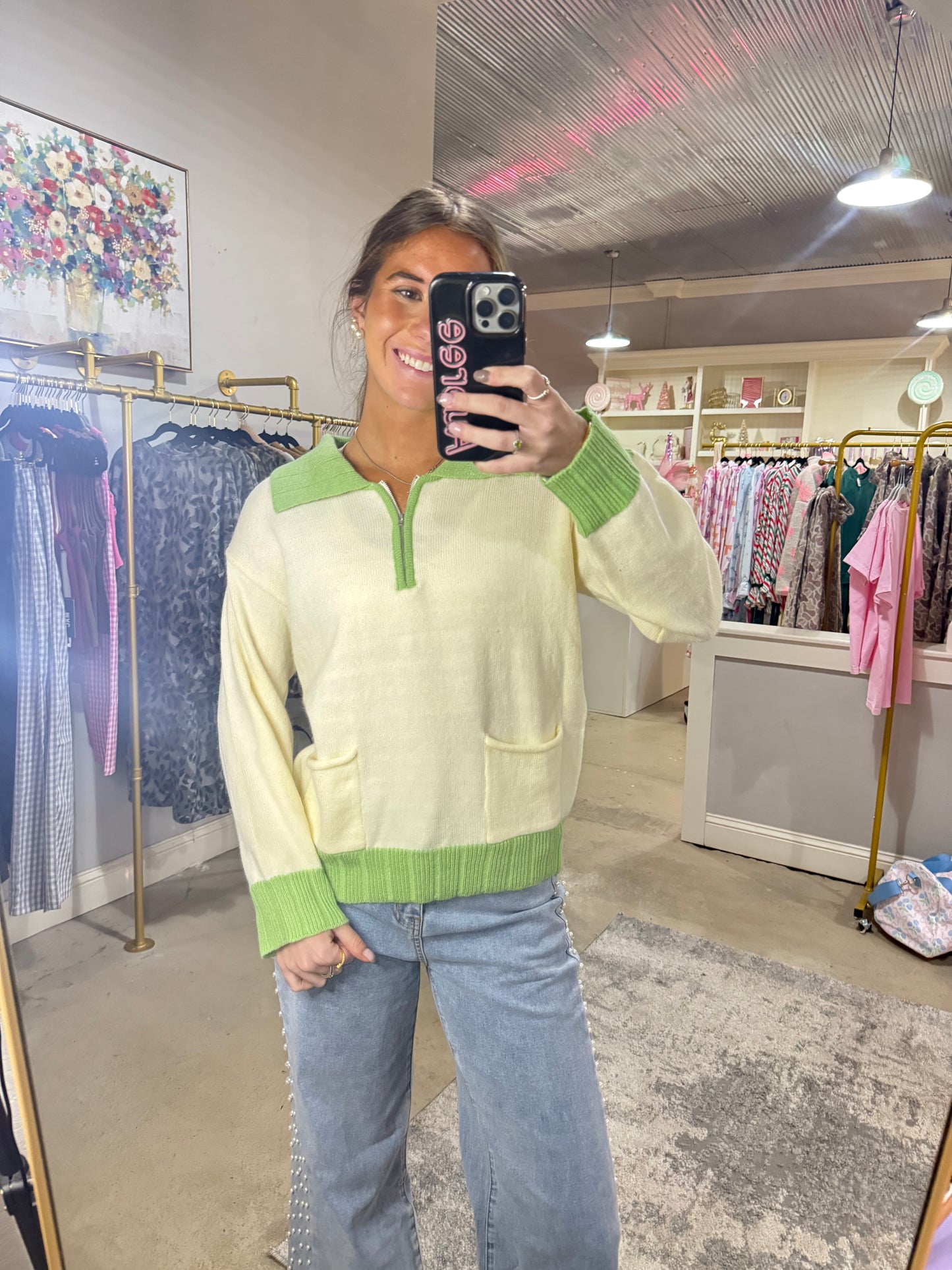 Green & Cream Collared Sweater