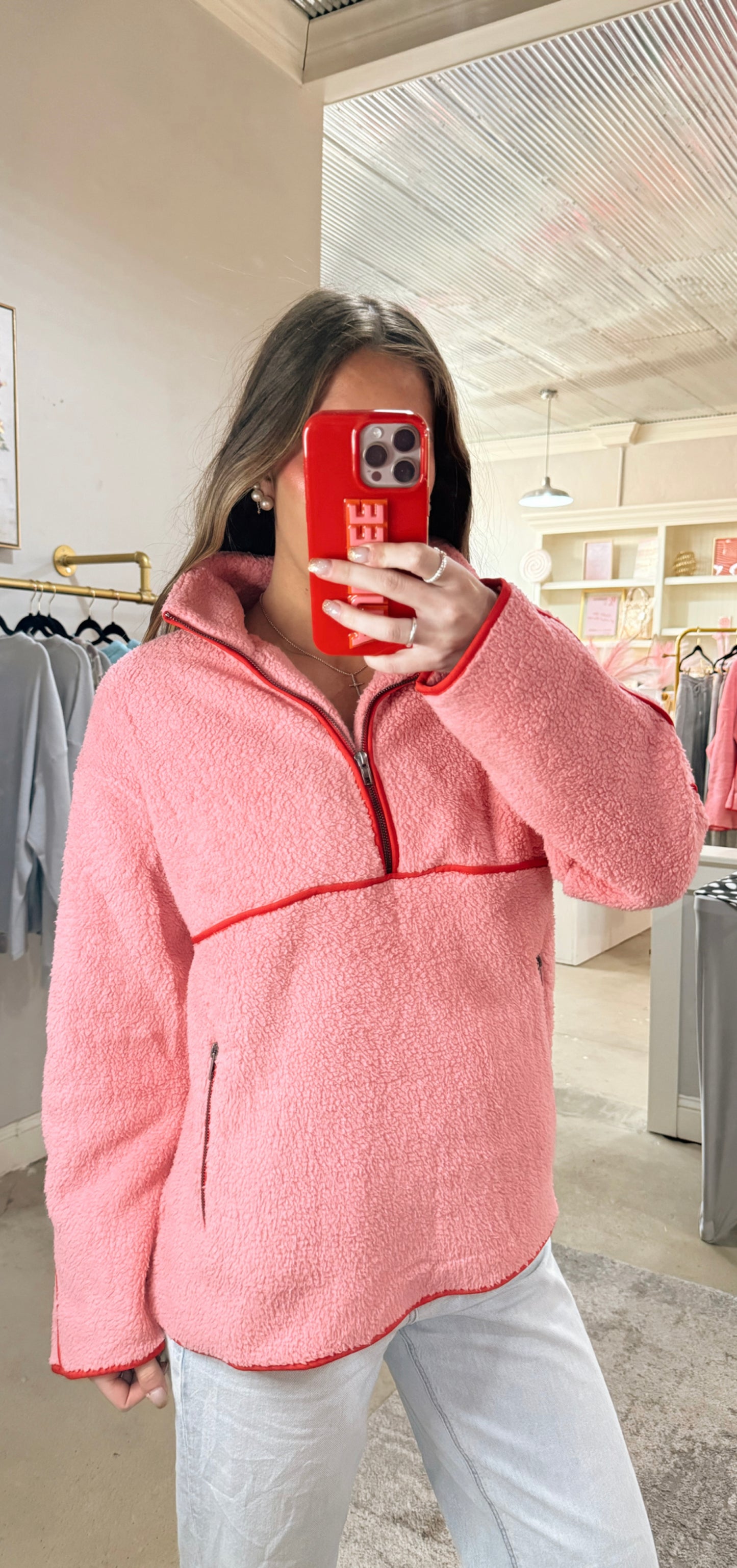 Pink & Red Sherpa Pullover