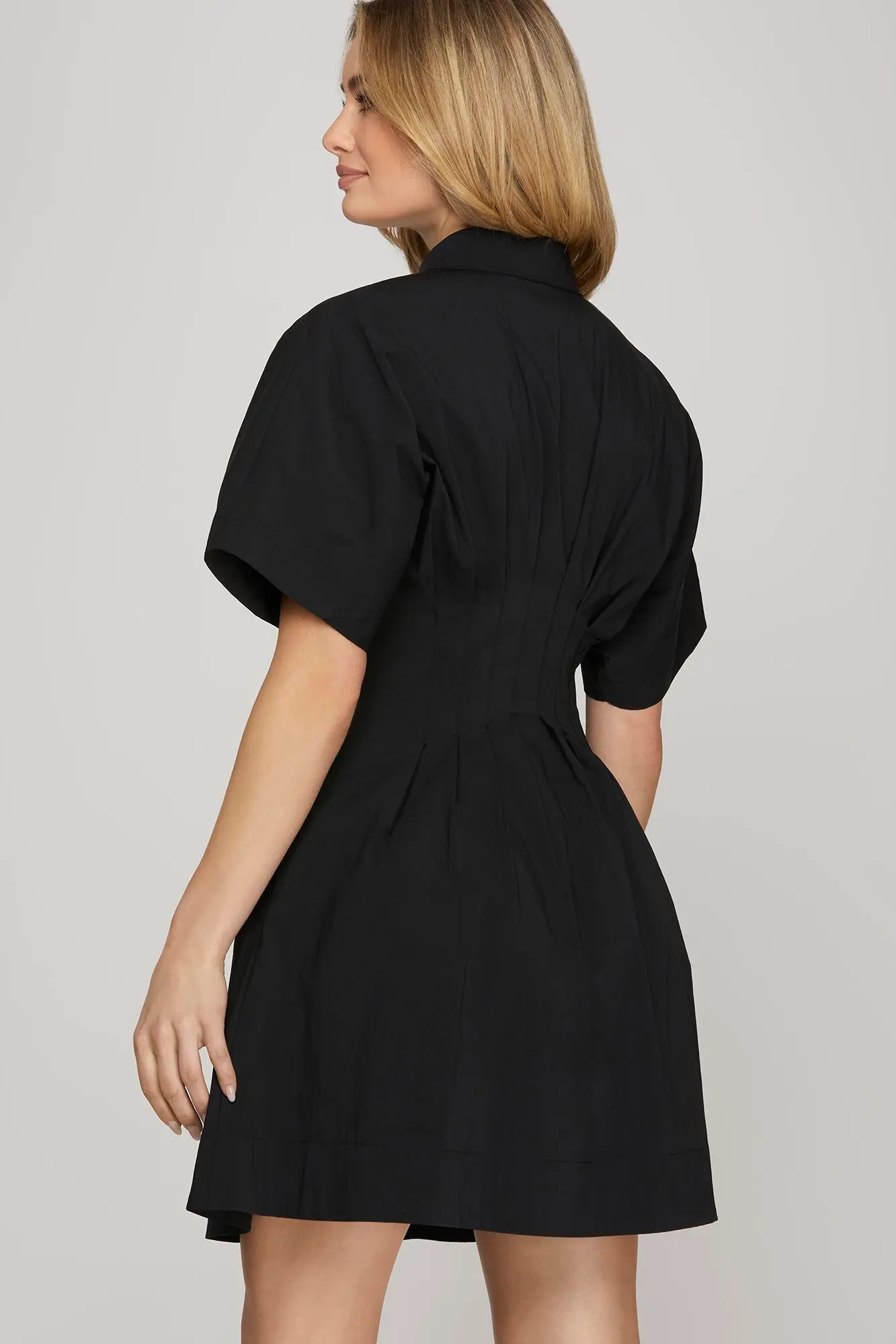 Black Pleated Button Dress with Pockets