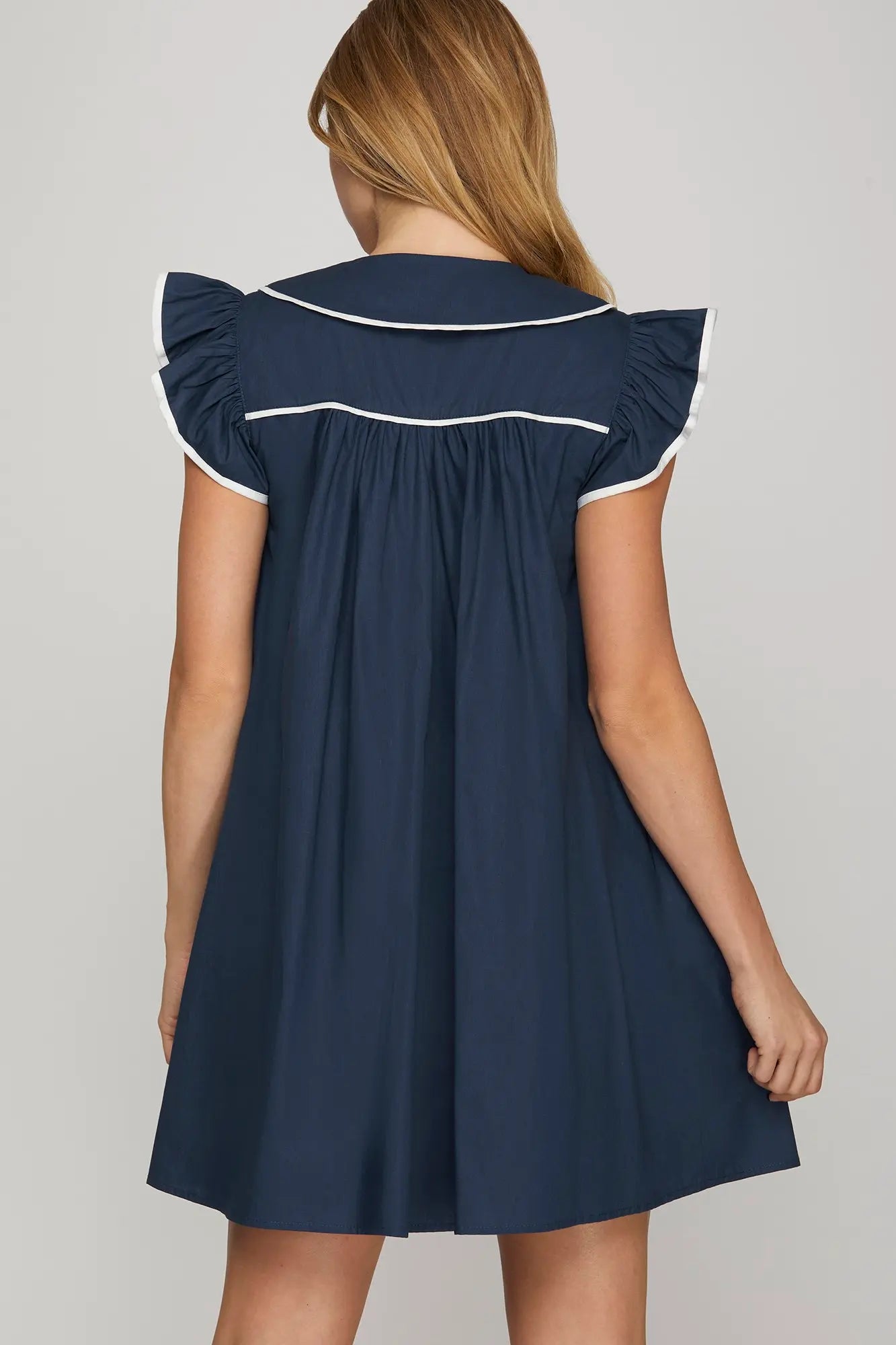 Navy Flutter Sleeve Collar Dress