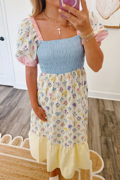 Multicolor Floral Print Patchwork Dress with Pockets