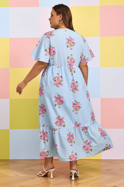 Blue Floral Print Plus Dress