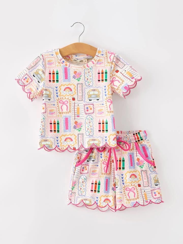 Girls Back To School Print Scallop Hem Short Set