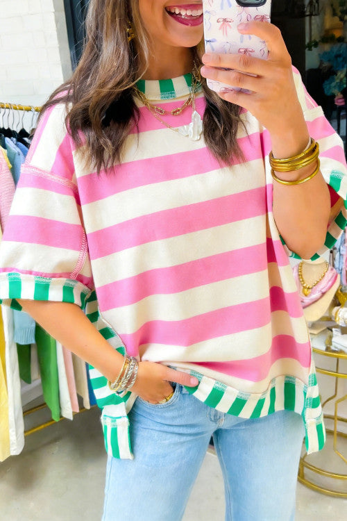 Pink Stripe Exposed Hem Top