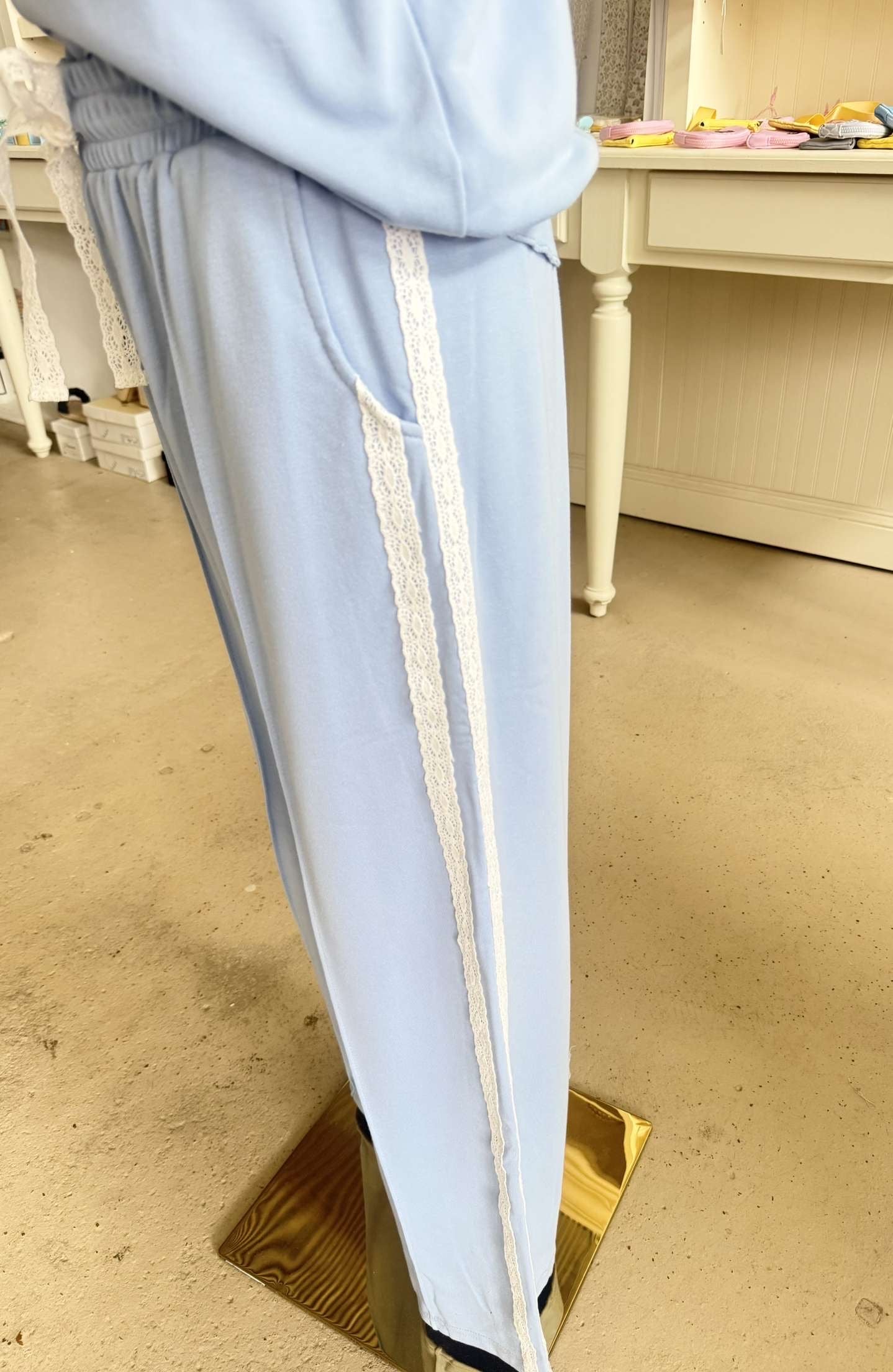 Blue Pants Set with Lace Detail