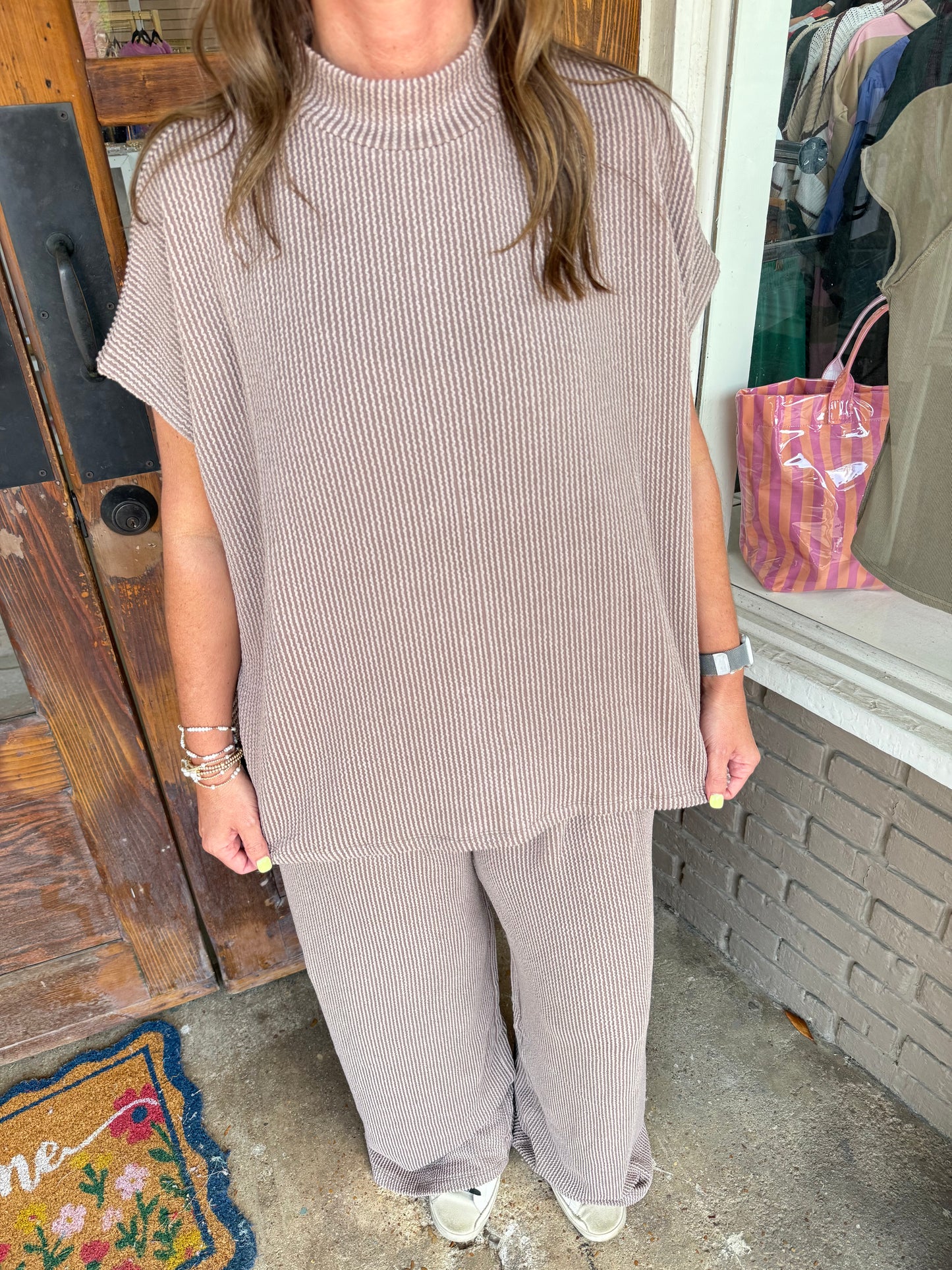 Brown Corded Mock Neck Pants Set