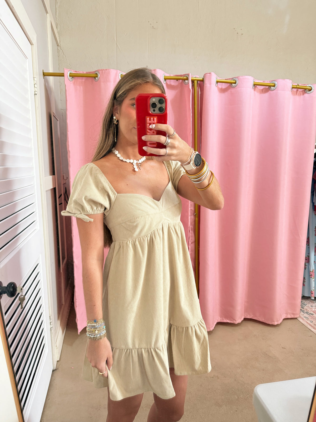 Taupe Sweetheart Puff Sleeve Dress