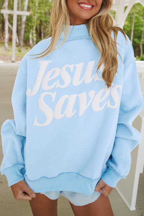 Blue Jesus Saves Mock Neck Sweatshirt