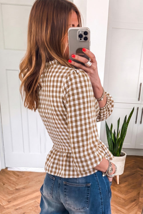 Brown Plaid 3/4 Sleeve Peplum Top