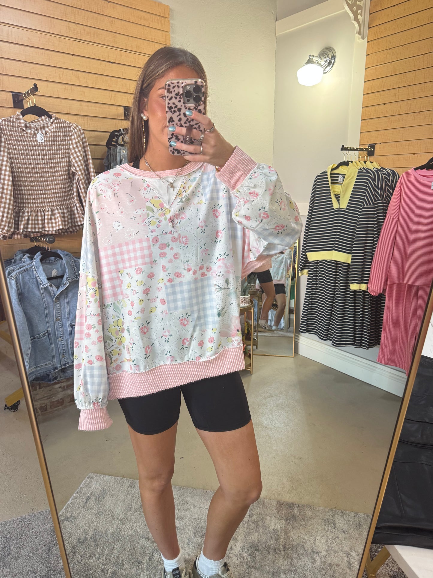 Pink Floral Ribbed Long Sleeve Top