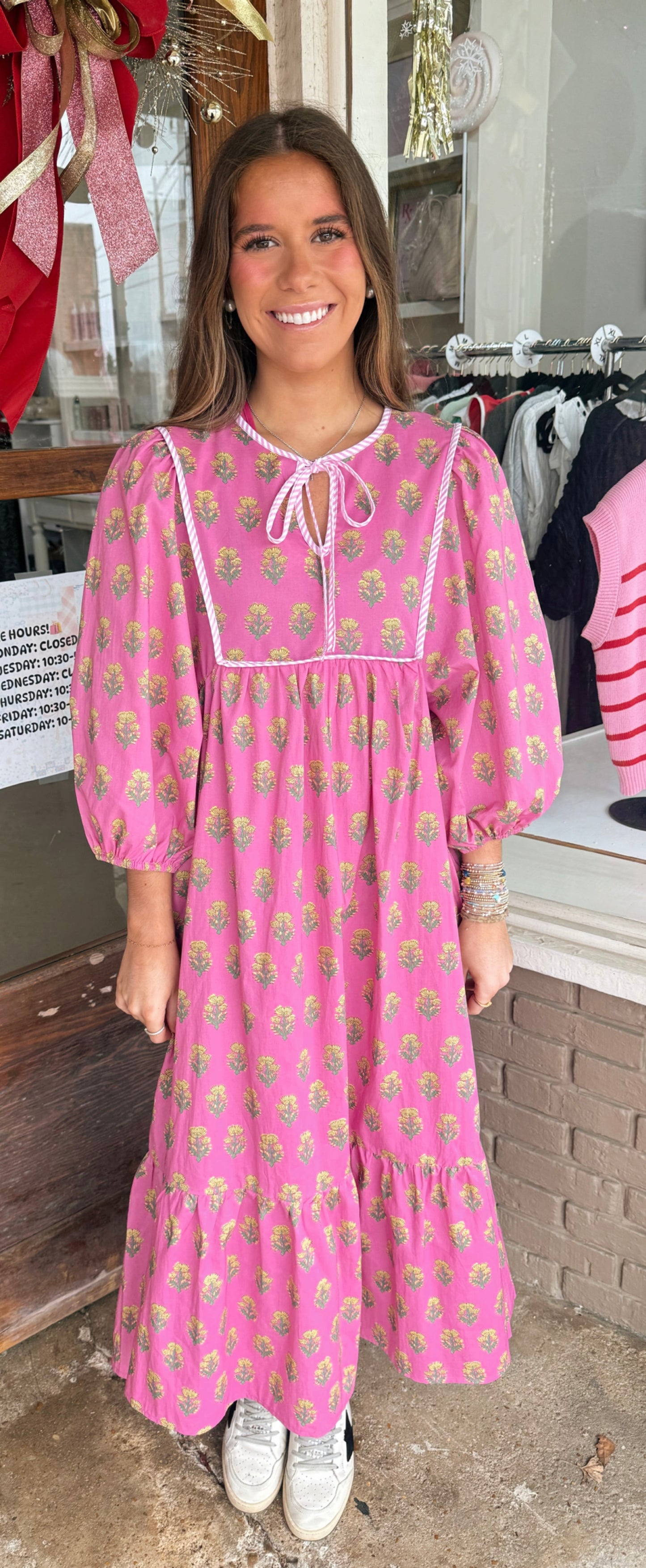 Pink Floral Half Sleeve Dress