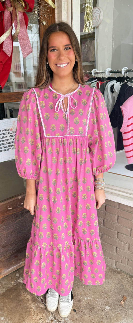 Pink Floral Half Sleeve Dress