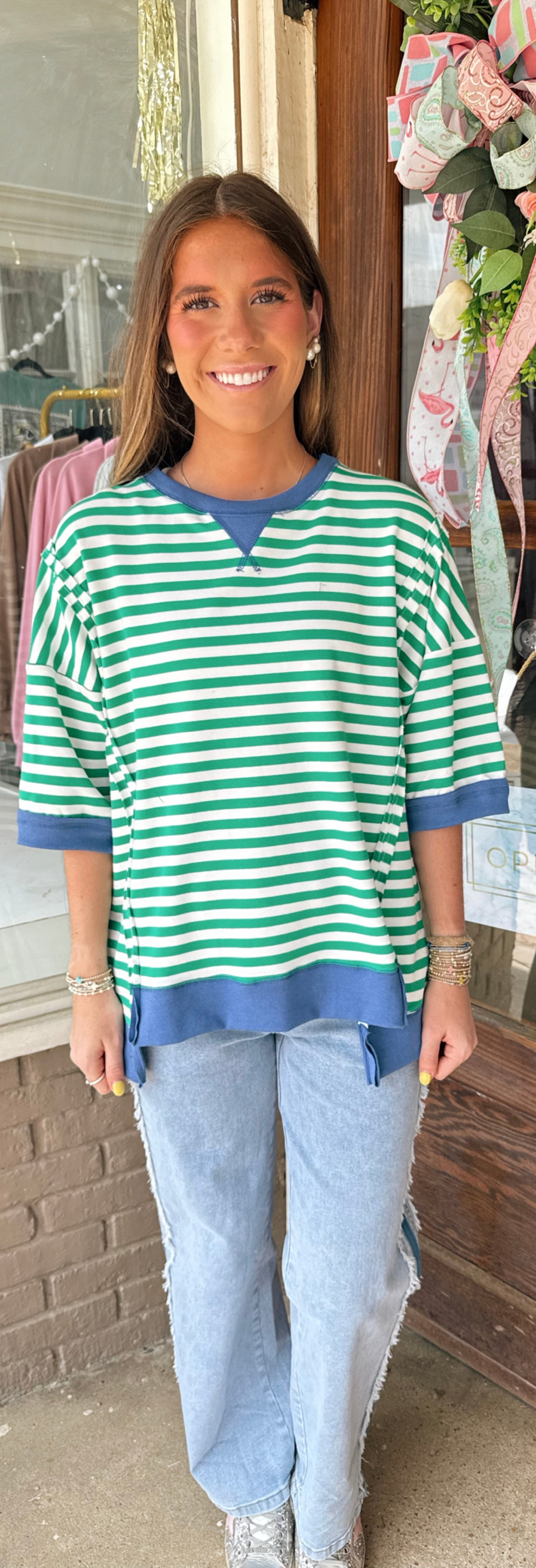 Green & Blue Stripe Top