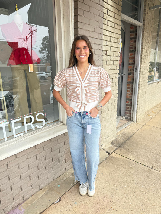 Taupe Bow Front Striped Sweater