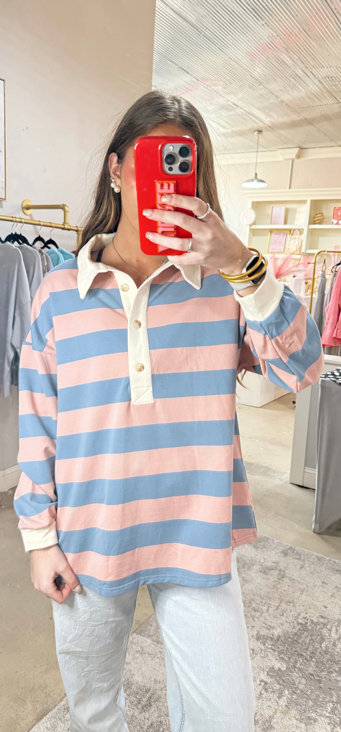 Blue & Coral Striped Top