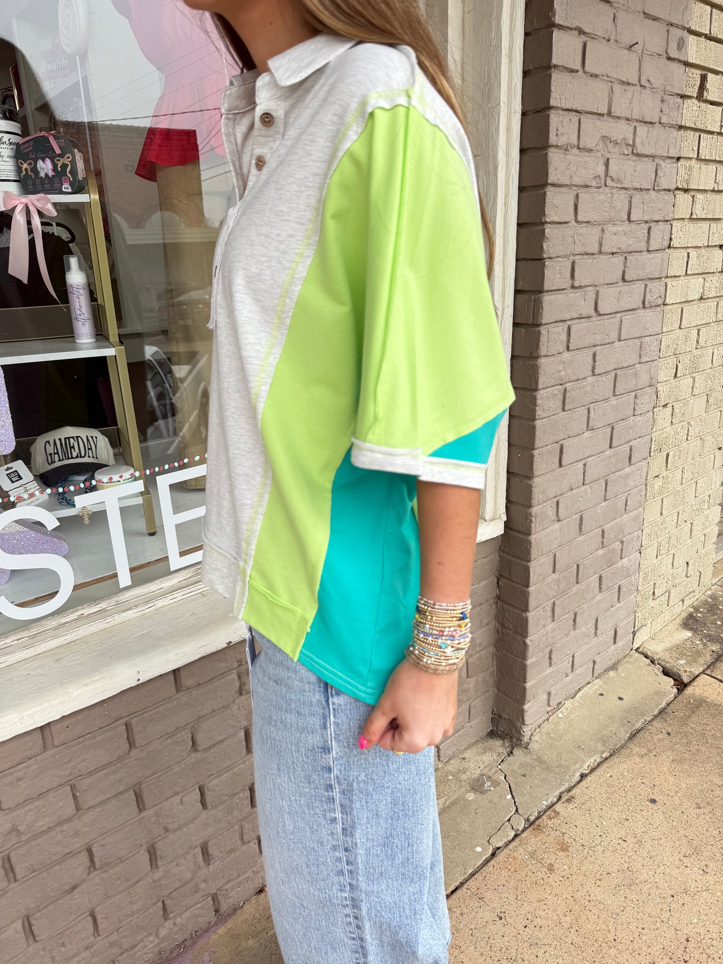 Oversized Green/Blue Color Block Top