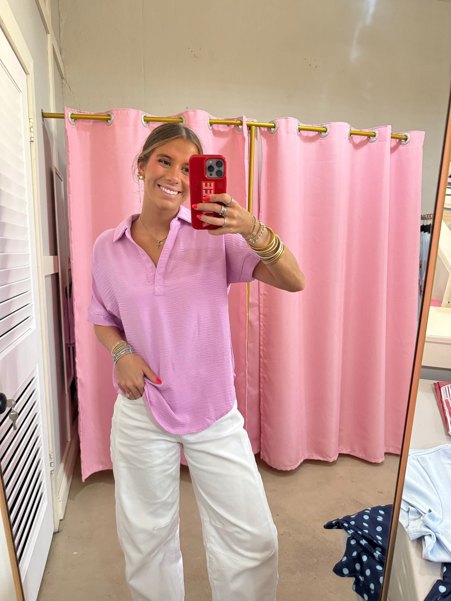 Pink V-Neck Collared Top