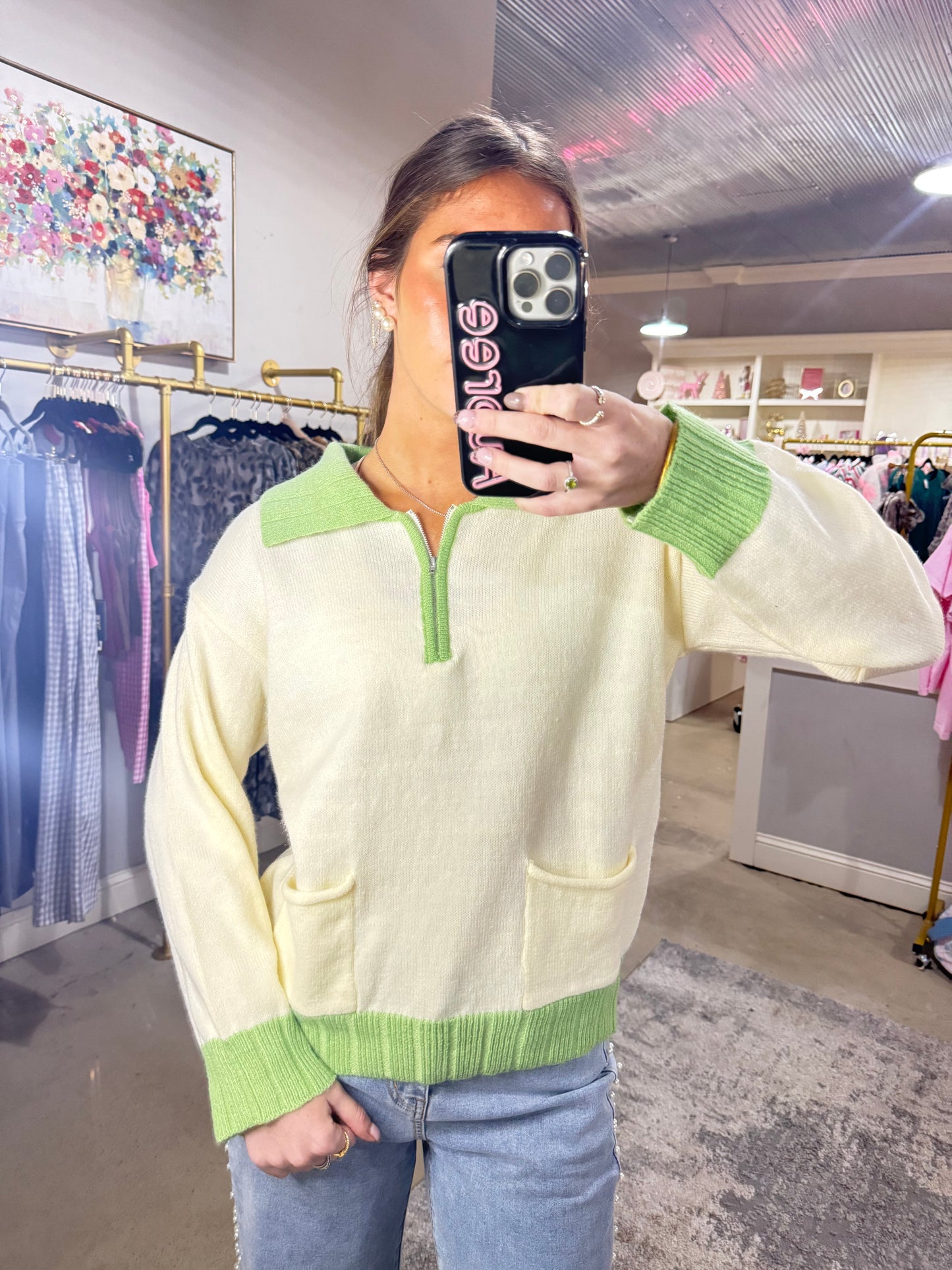 Green & Cream Collared Sweater