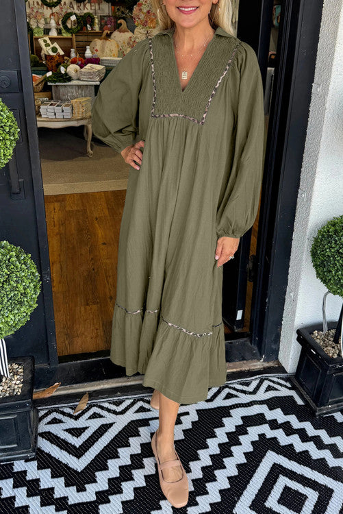 Green Cheetah Detail Dress + Pockets