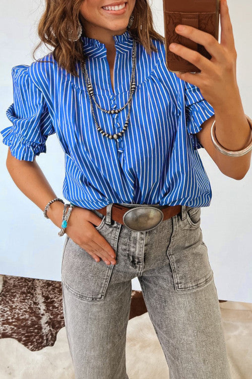 Blue Striped Top + Puff Sleeves