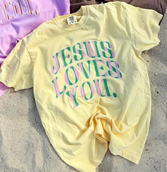 Yellow Jesus Loves you Comfort Color tee