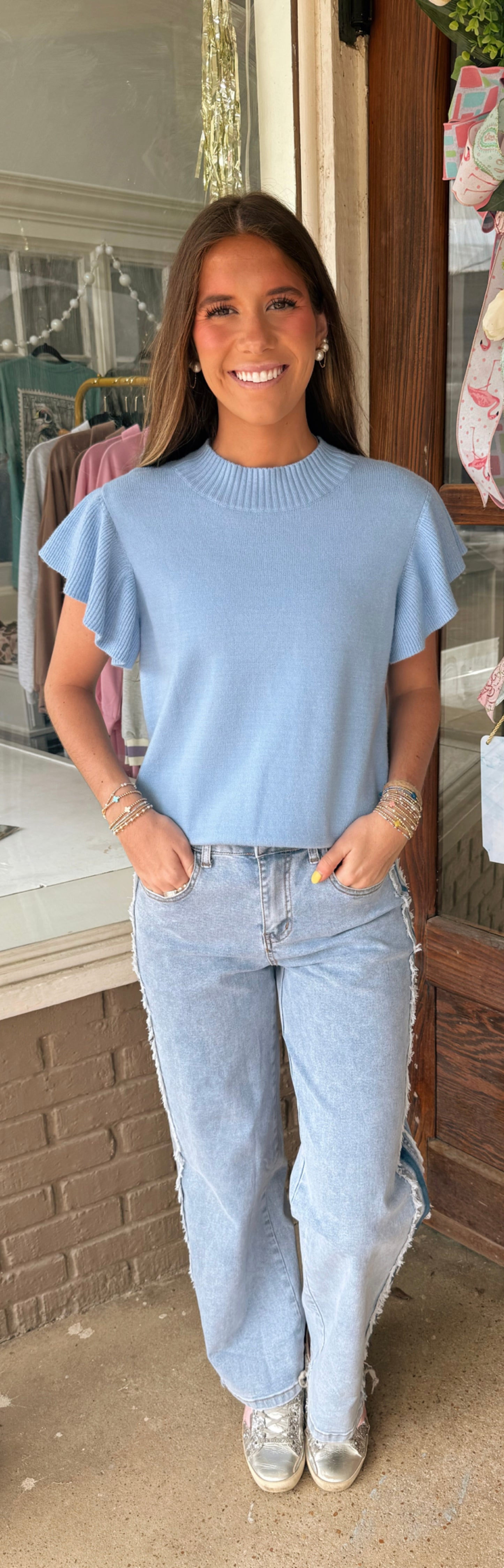 Blue Ruffle Sleeve Top