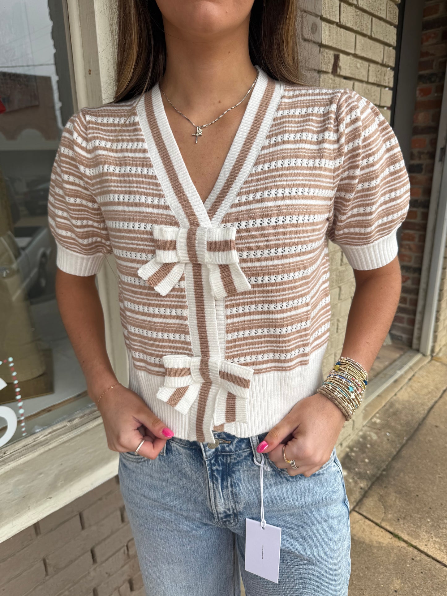 Taupe Bow Front Striped Sweater