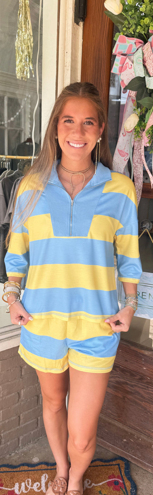 Yellow & Blue Stripe Short Set