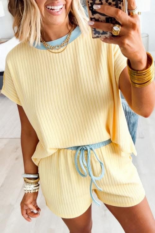 Color Block Ribbed Short Sets