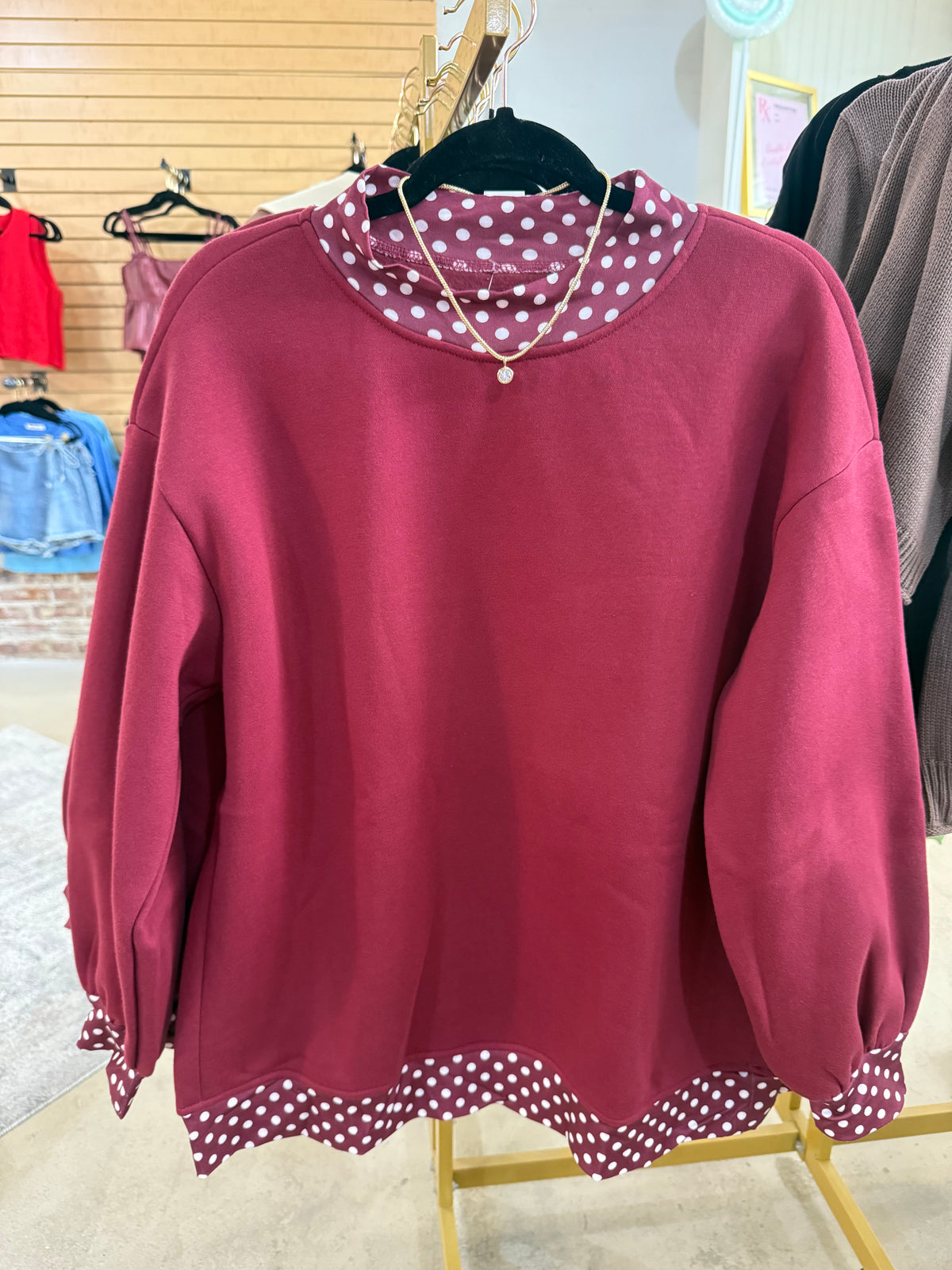 Maroon Polka Dot Mock-Neck