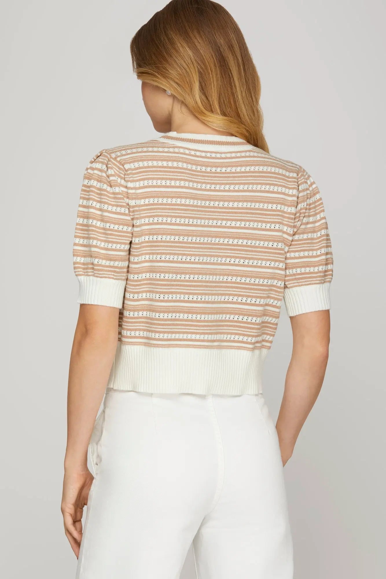 Taupe Bow Front Striped Sweater