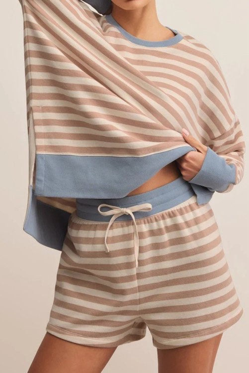 Tan & Blue Stripe Short Set