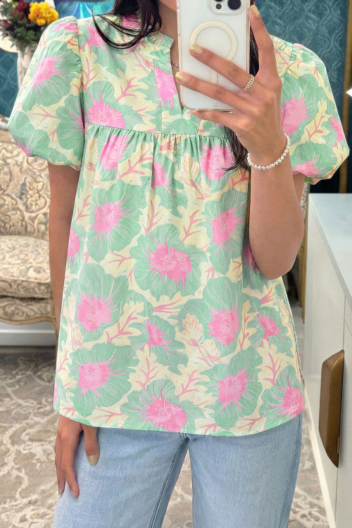 Green Floral Puff Sleeve Top