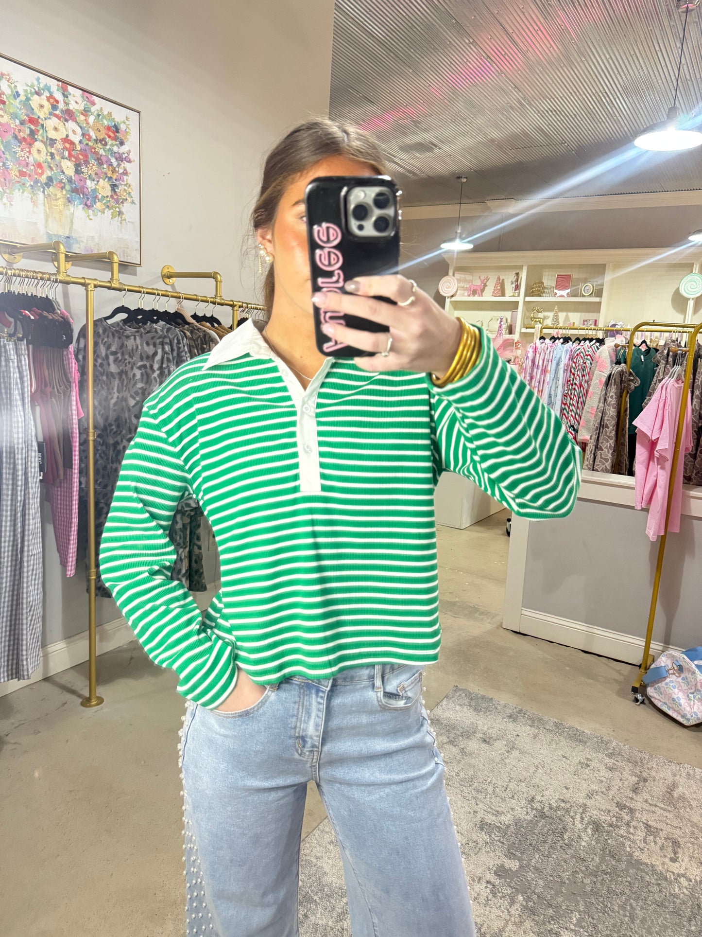 Green Stripe Collared Top