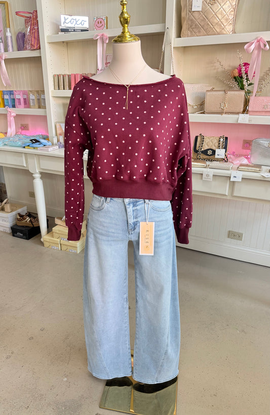 Maroon Boat Neck Top with Light Pink polka dots