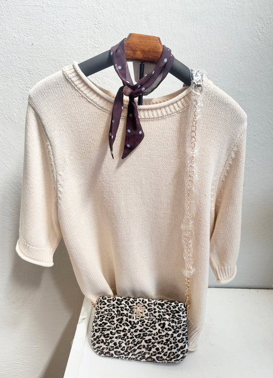 Cream Simple Short Sleeve Sweater