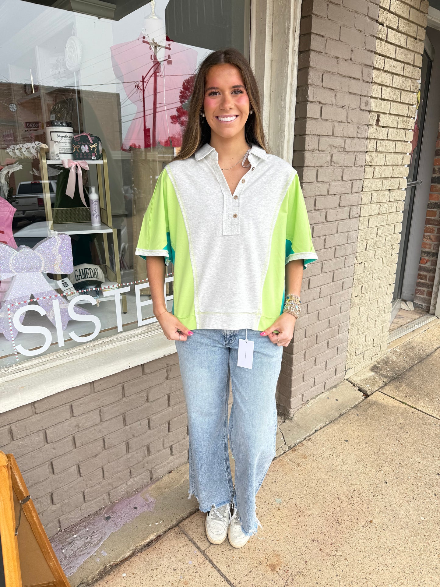 Oversized Green/Blue Color Block Top