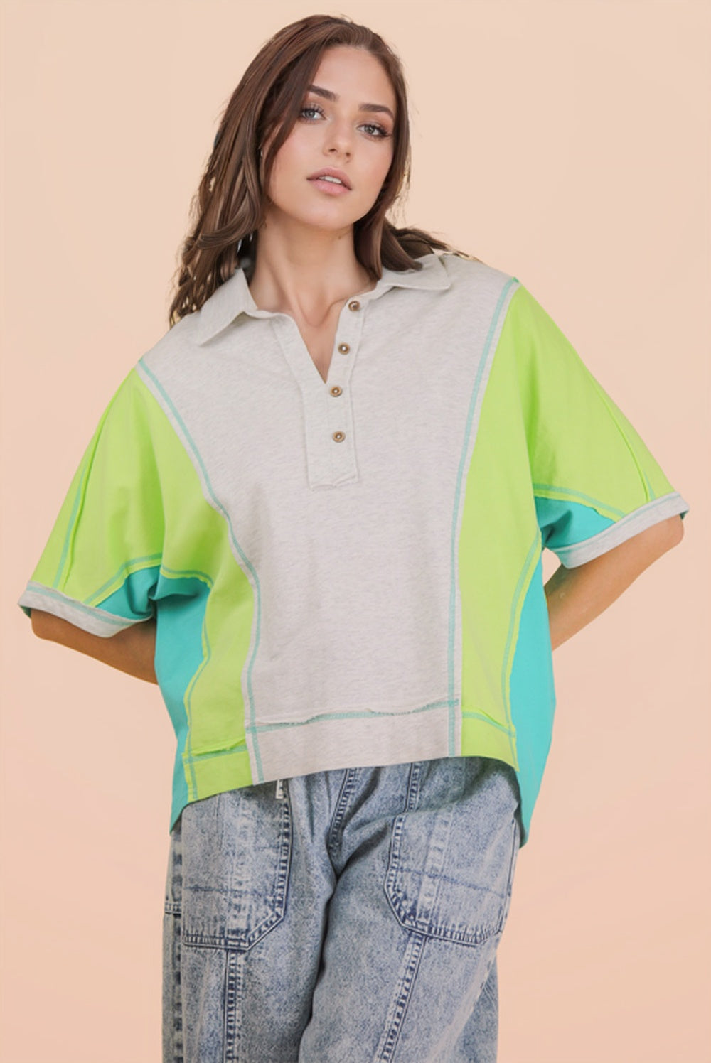 Oversized Green/Blue Color Block Top