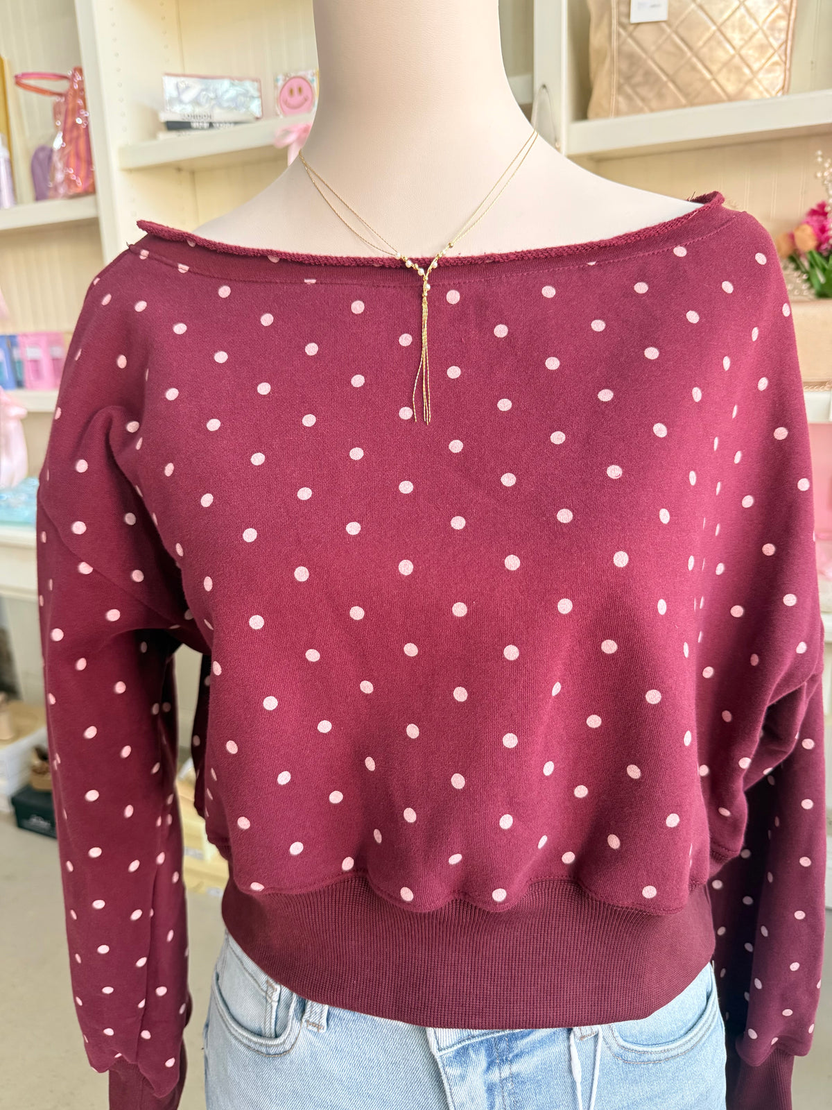Maroon Boat Neck Top with Light Pink polka dots