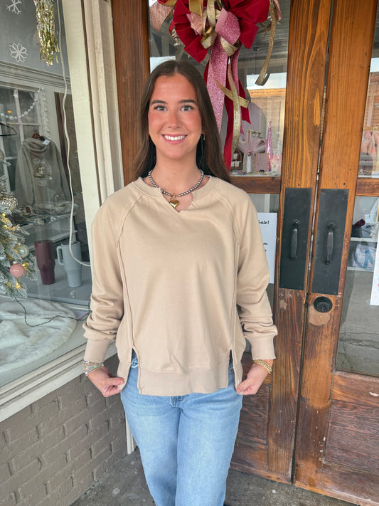 Tan Split Neck Top