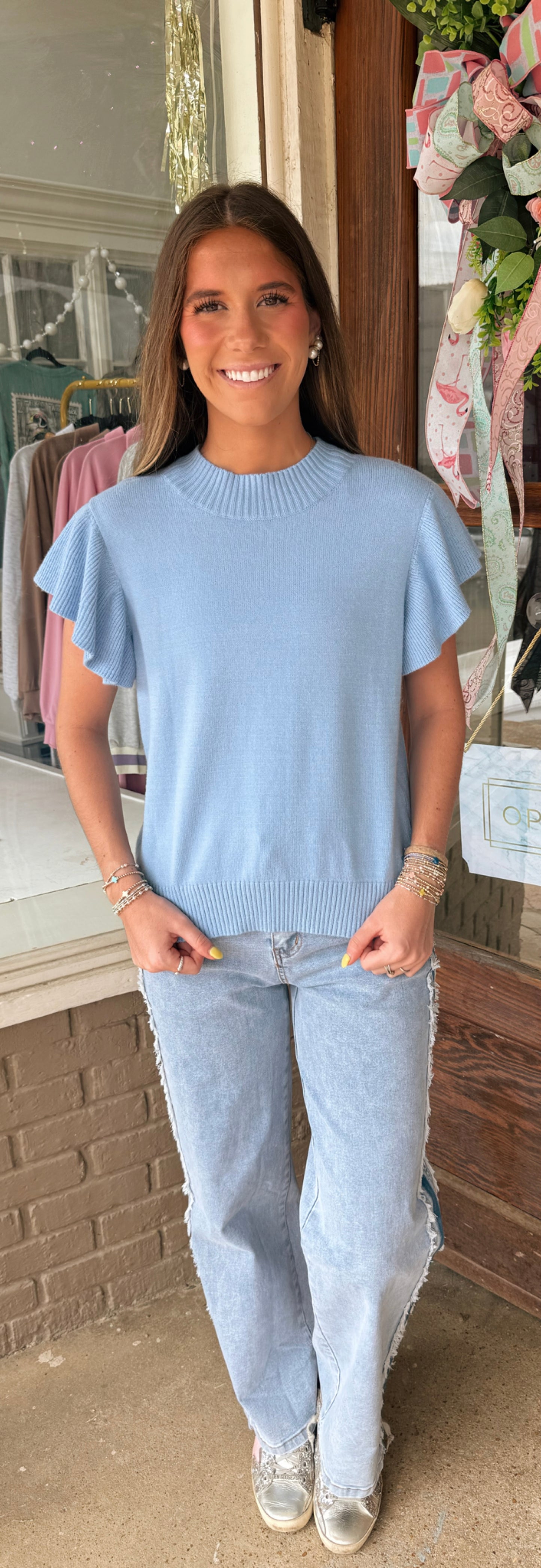 Blue Ruffle Sleeve Top