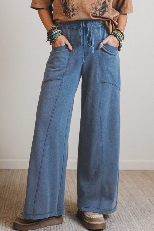 Blue Wide Leg Pants with Pockets