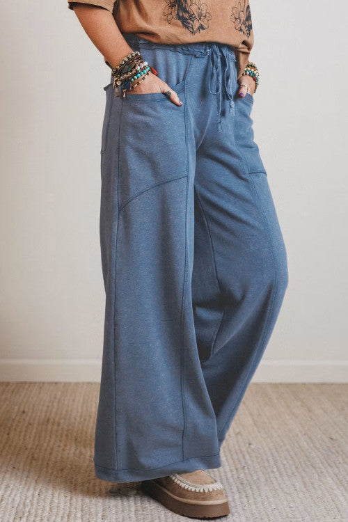 Blue Wide Leg Pants with Pockets