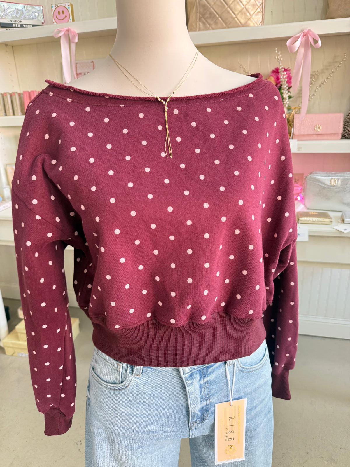 Maroon Boat Neck Top with Light Pink polka dots