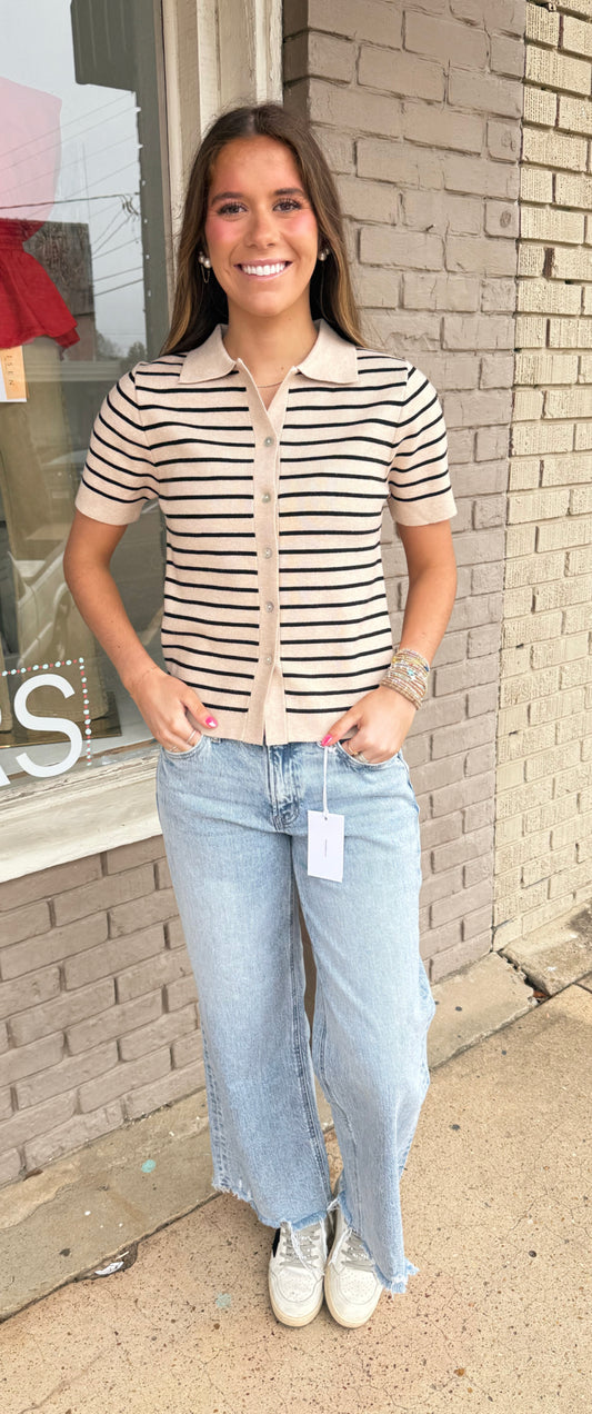 Black Striped Short Sleeve Cardigan